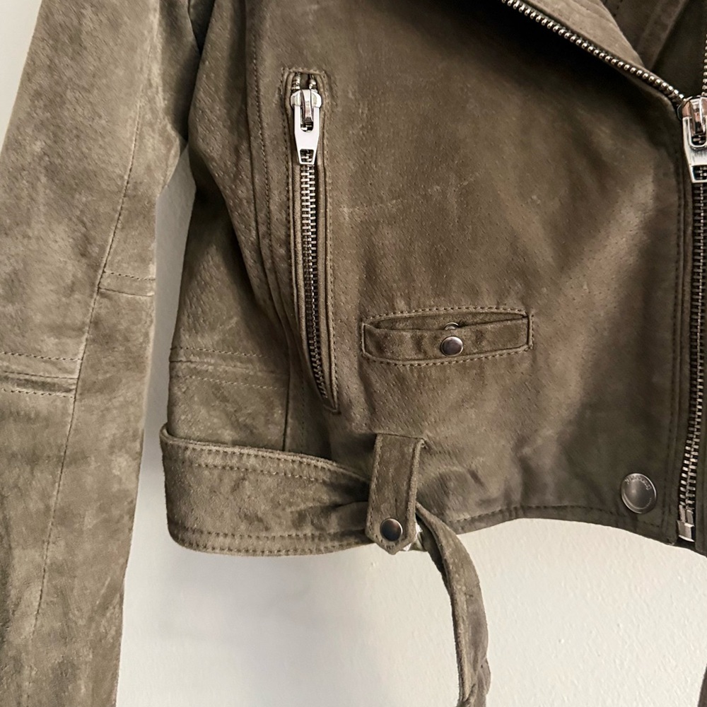 BLANKNYC Herb Green Suede Moto Jacket Belted Biker Leather Jacket M NWOT - Picture 11 of 16